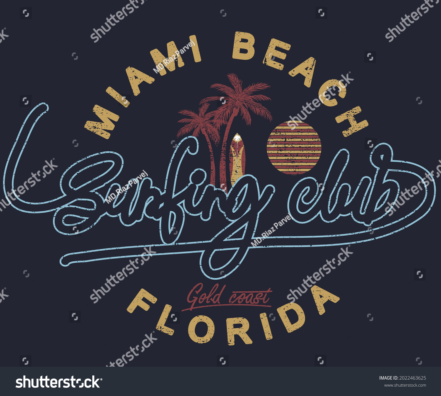 Miami beach surfing club vector design. Palm beach vintage t shirt design.