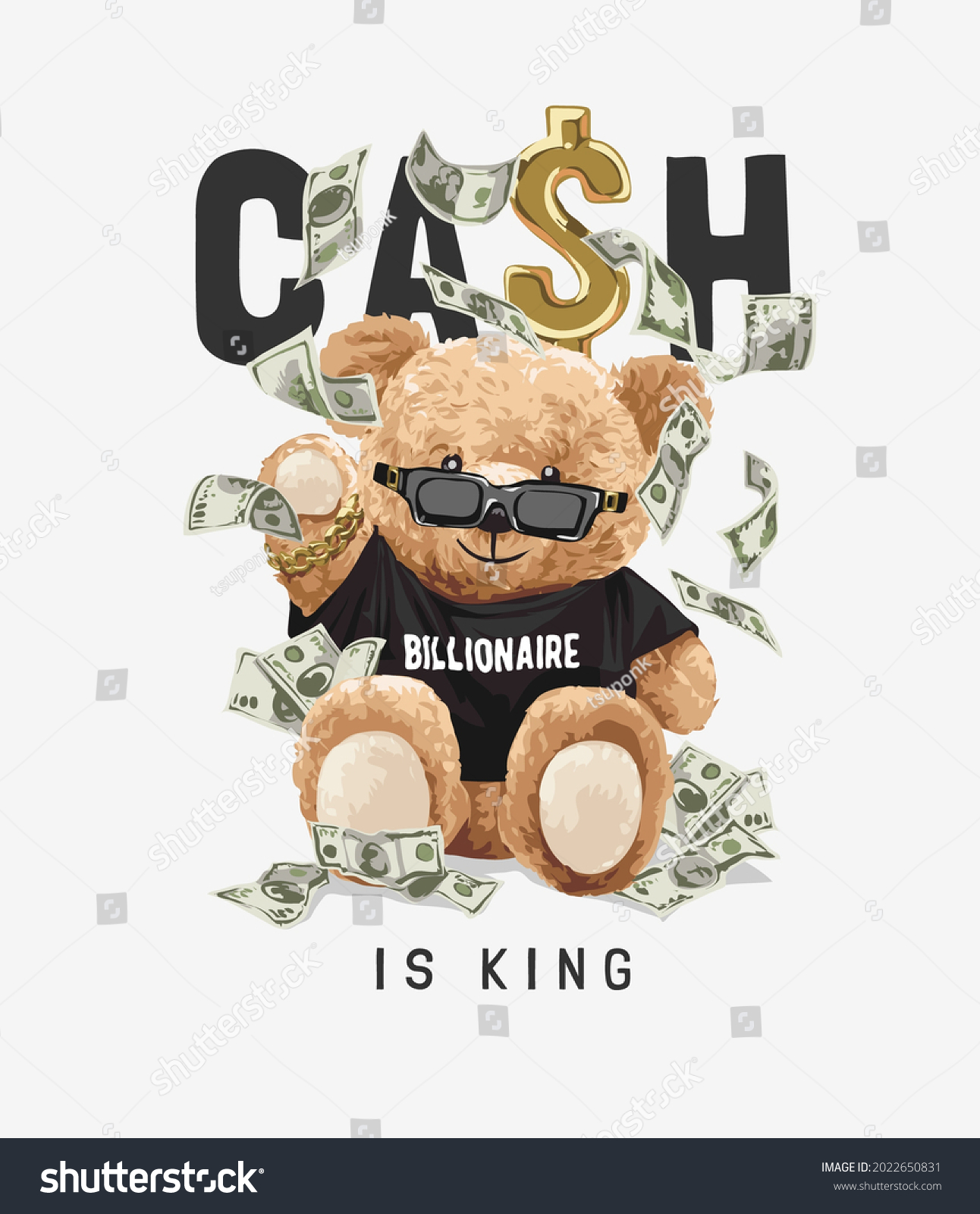 cash is king slogan with bear toy in black billionaire t shirt vector illustration