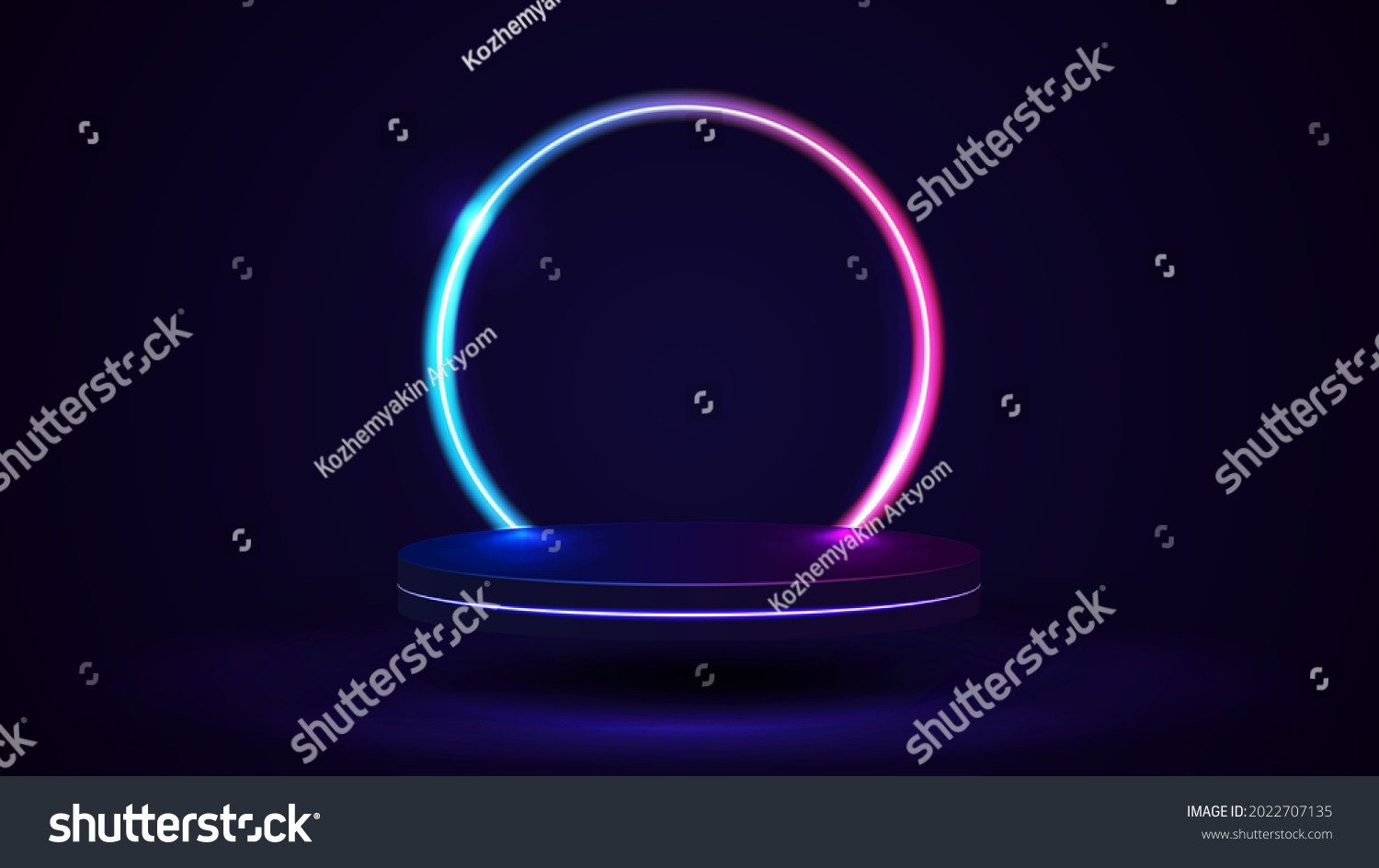 Empty podium with line gradient neon ring on background. 3d render. illustration with abstract scene with pink and blue neon frame