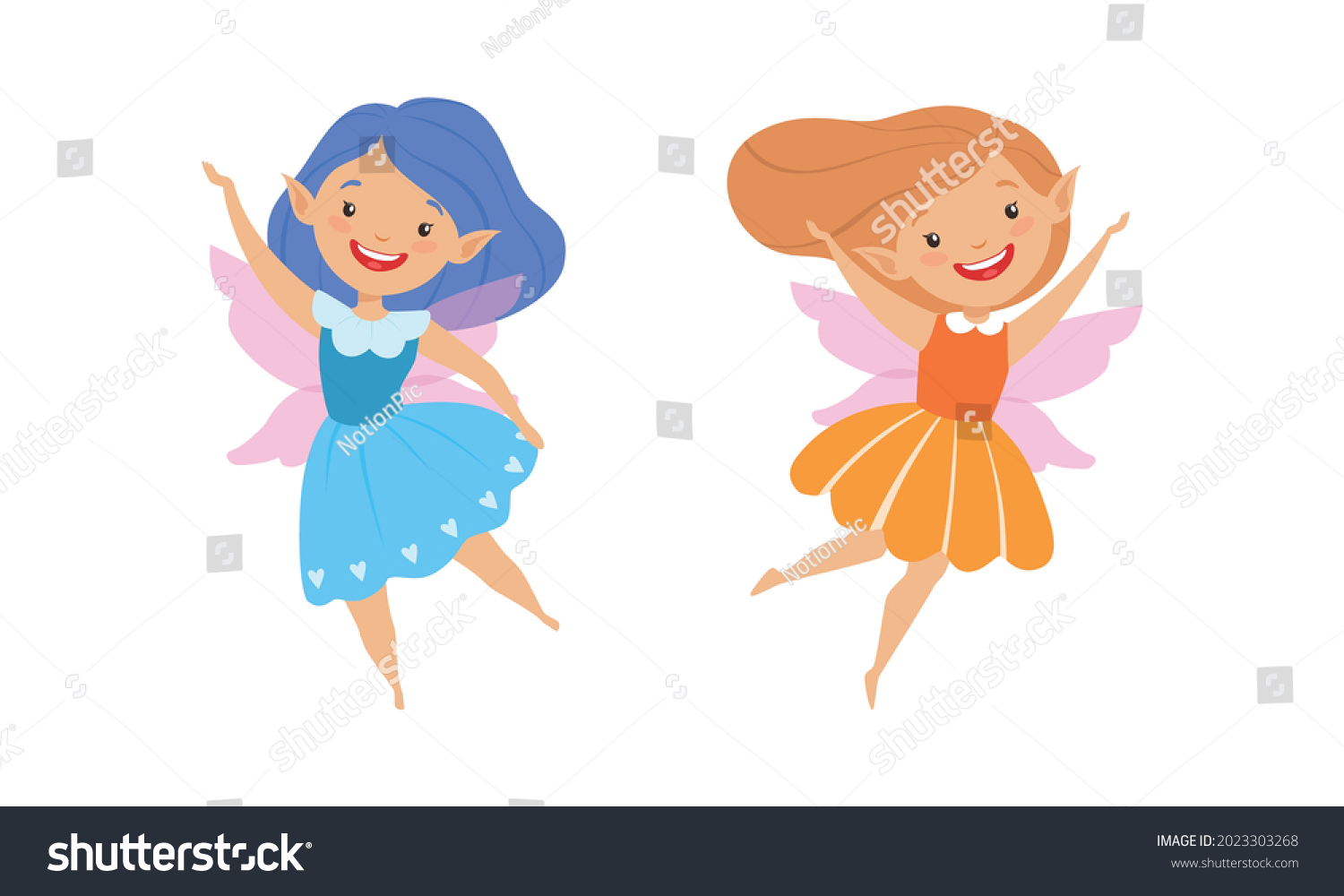 Happy Lovely Fairy Girls Set Adorable Elves Flying Wearing Bright Costumes Cartoon Vector