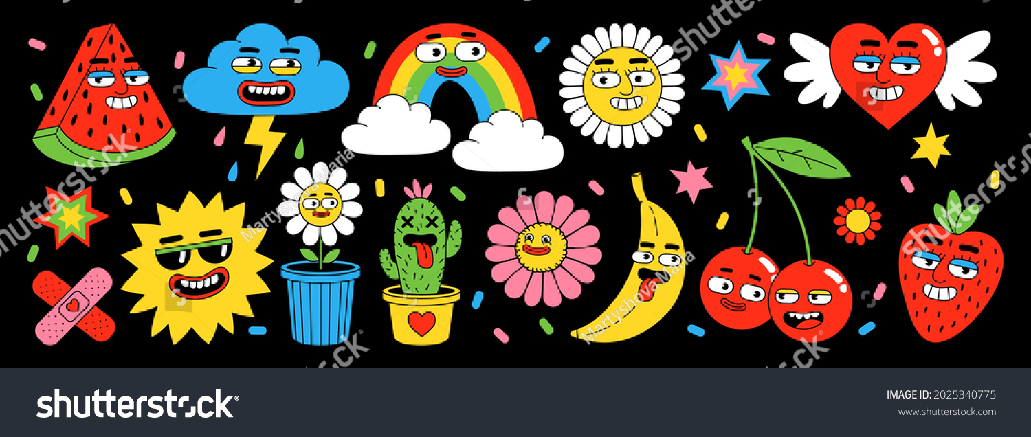 Sticker pack of funny cartoon characters. Vector illustration of comic heart  sun  fruits  berry  rainbow  clouds  flower  abstract faces etc. Big set of comic elements in trendy retro cartoon style.