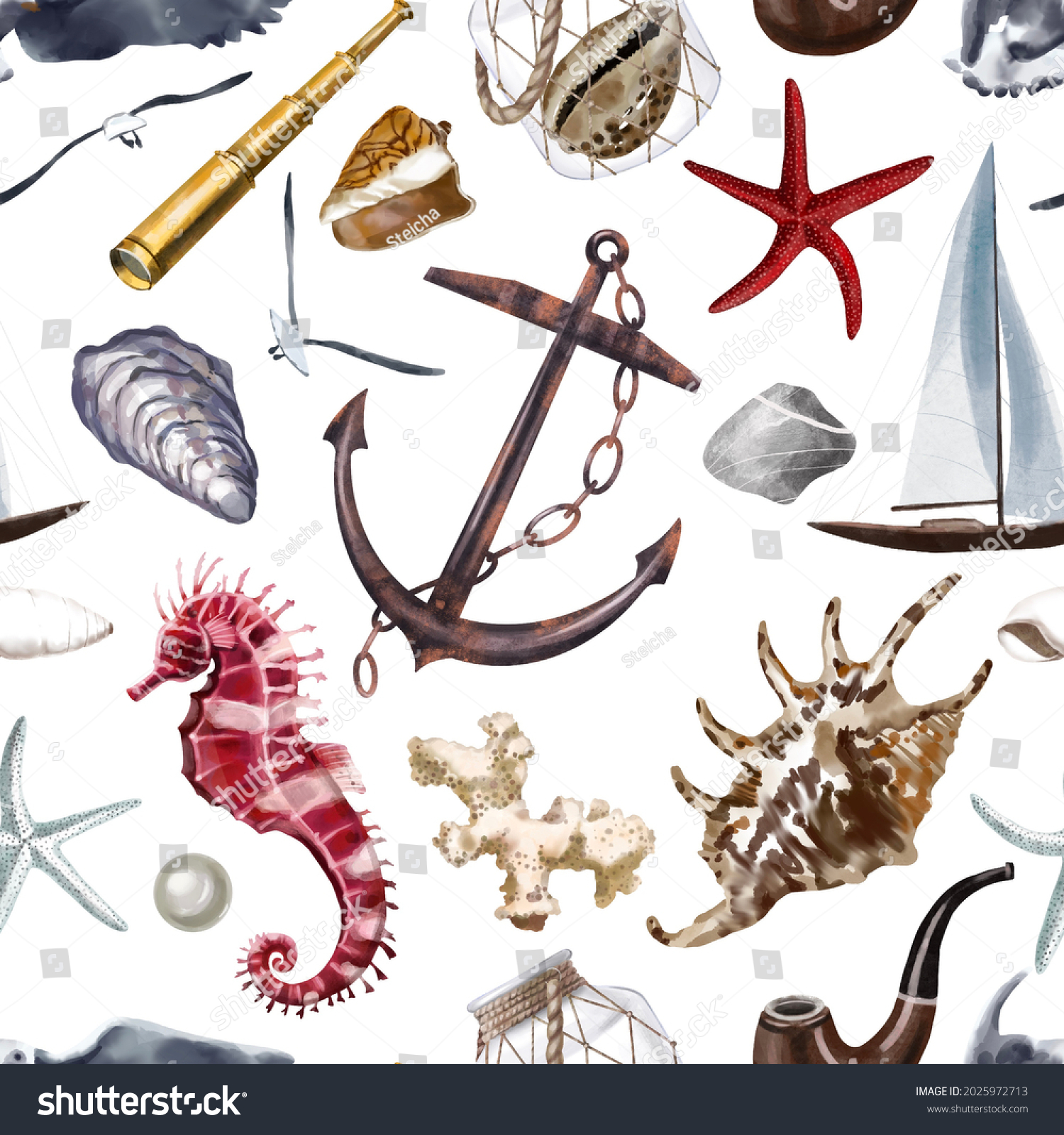 Nautical seamless pattern with watercolor illustrations of shells_站酷海洛 ...