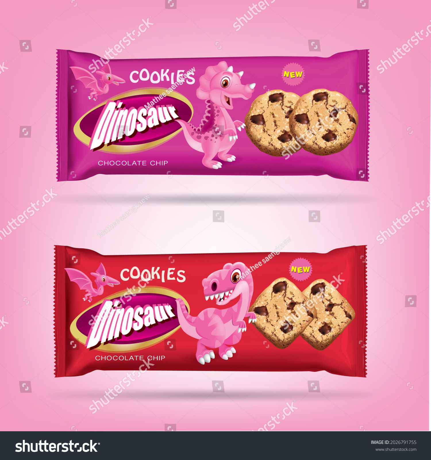 Pink dinosaur brand cookie packaging design.illustration vector