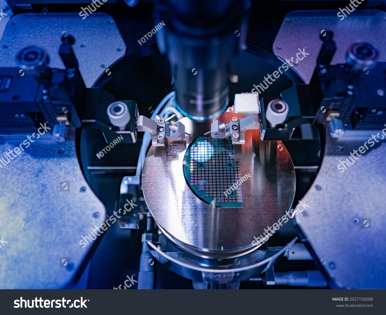 Microchip production. Microprocessor under production microscope