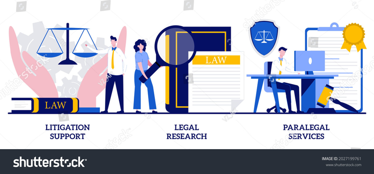 Litigation support  legal research  paralegal services concept with tiny people. Law firm vector illustration set. Forensic accounting  consulting  data collection  attorney legal work metaphor.