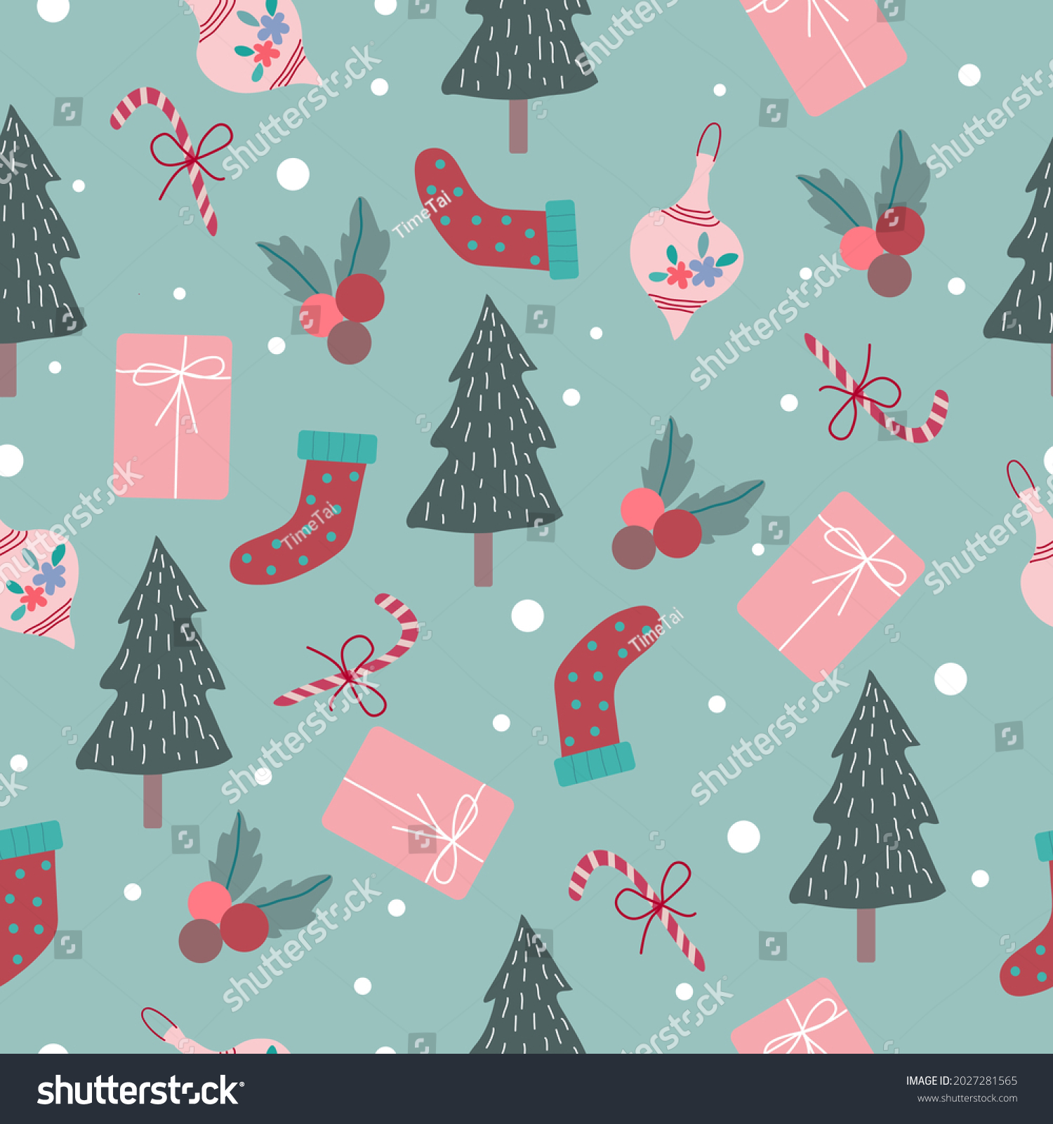 Seamless Christmas pattern with Christmas tree  candy cane  sock  holly  stars and bells on green background. Merry Christmas and Happy New Year.Christmas vector.