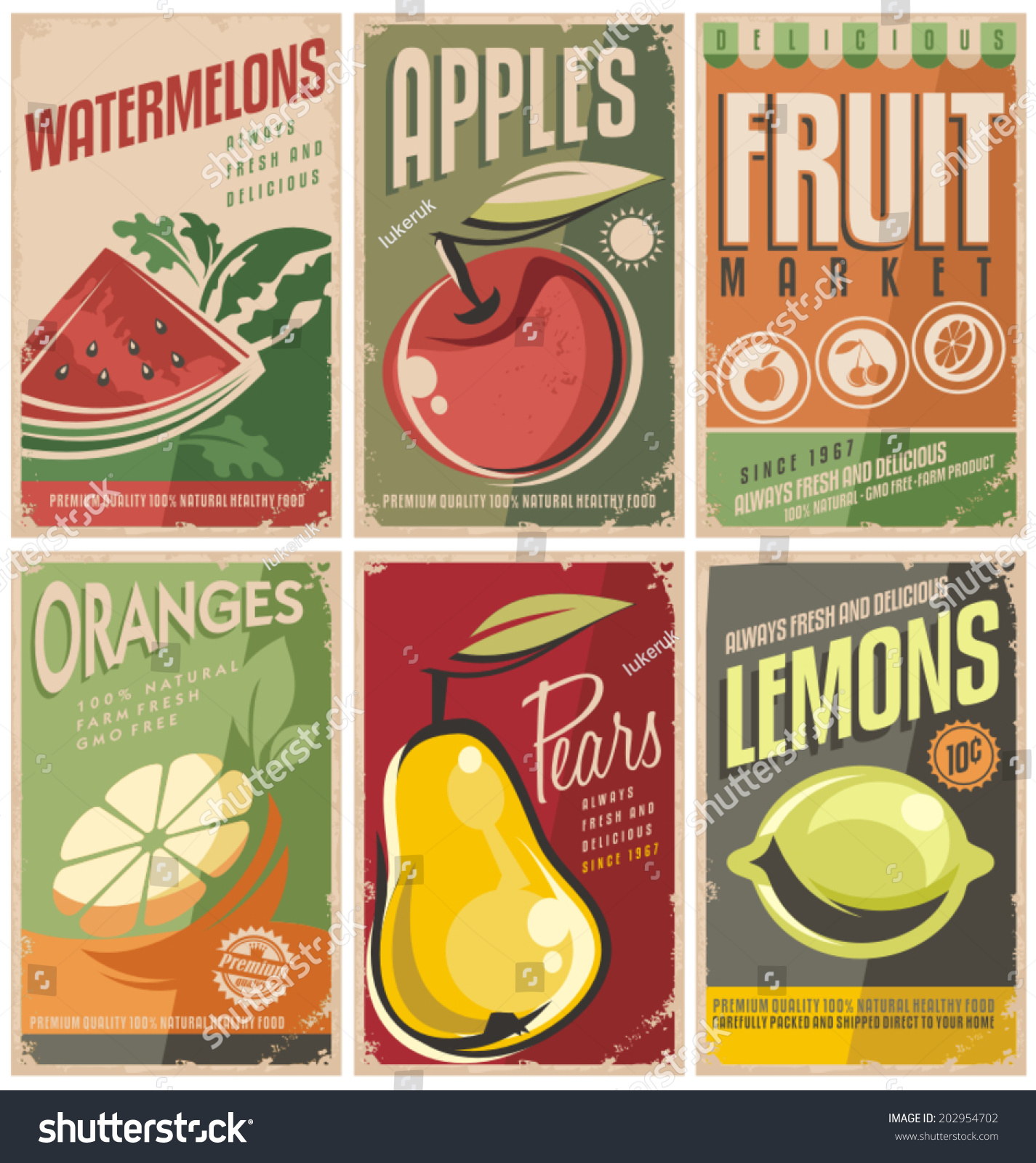 Collection of retro fruit poster designs. Vintage vector food signs set with promotional messages.