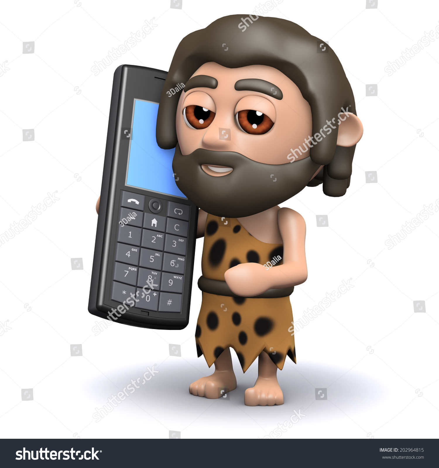 3d render of a caveman with a mobile phone