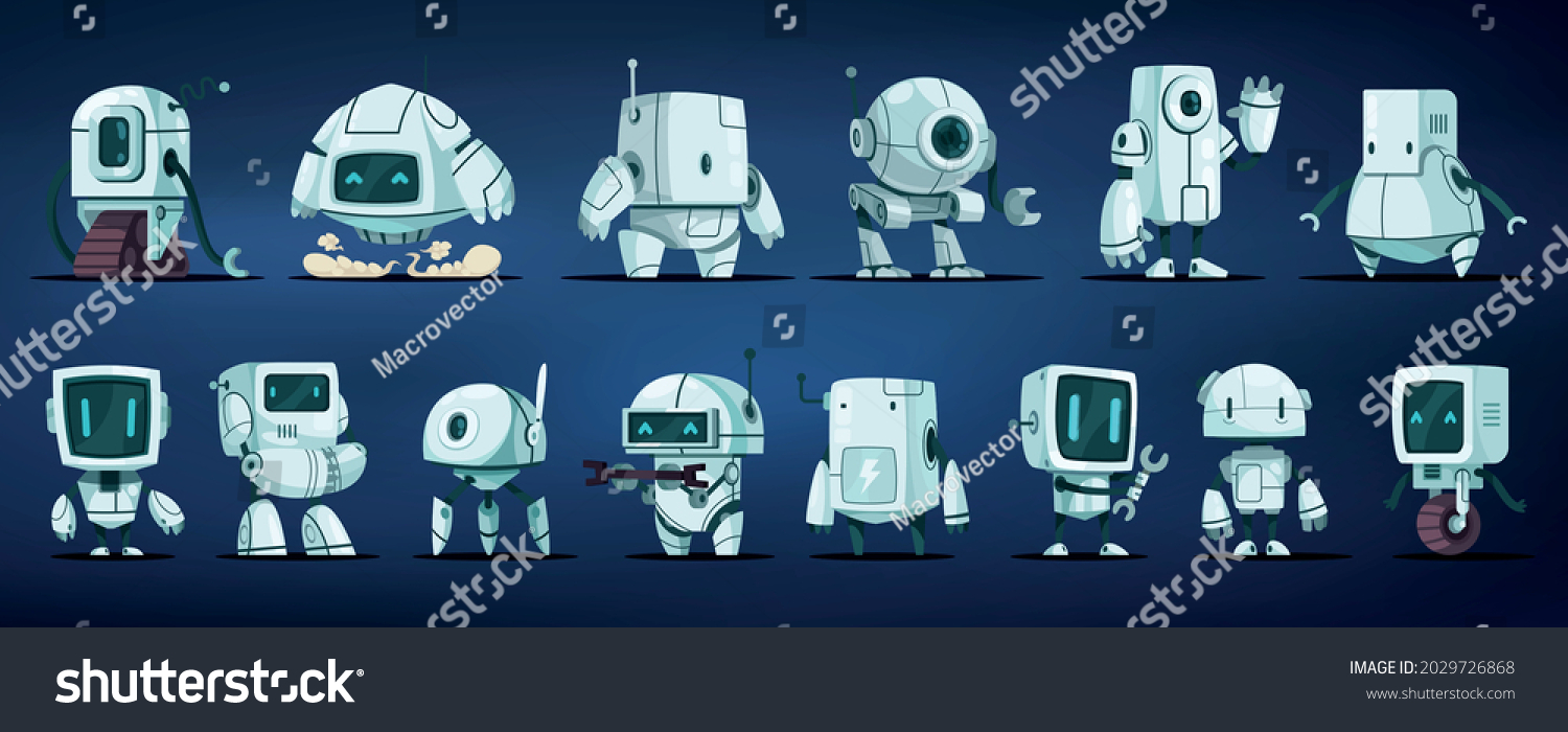 Futuristic robots color collection of primitive wheeled droid robot assistant robot postman humanoid cartoon characters isolated vector illustration