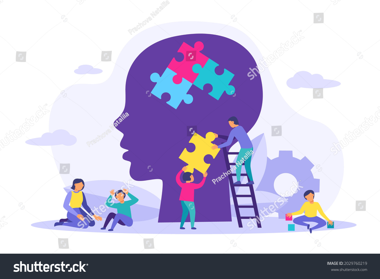 Child head silhouette with colorful puzzles and tiny people  gear  leaves  clouds isolated on white background. World autism awareness day. Health care concept. Design for infographic  banner  card.