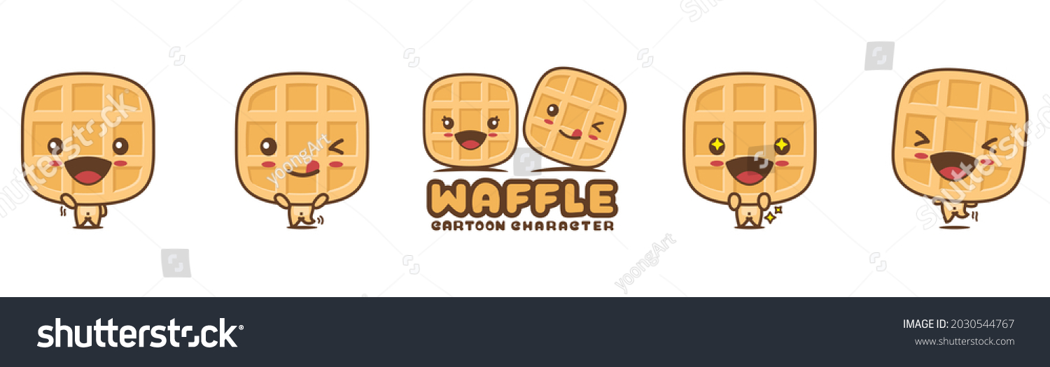cute waffle mascot  snack cartoon illustration  with different facial expressions and poses  isolated on white background