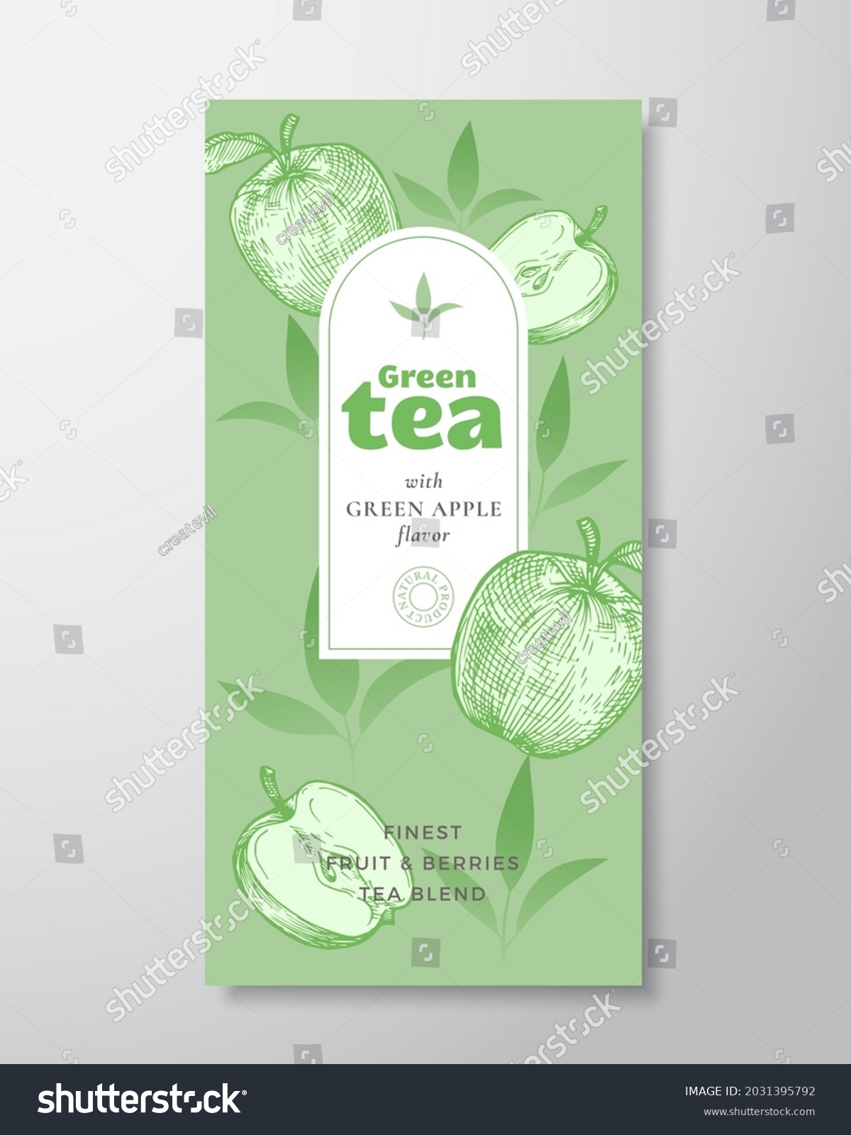 Fruit and Berries Tea Label Template. Abstract Vector Packaging Design Layout with Realistic Shadows. Hand Drawn Apple with Half and Leaves Decor Silhouettes Background. Isolated.