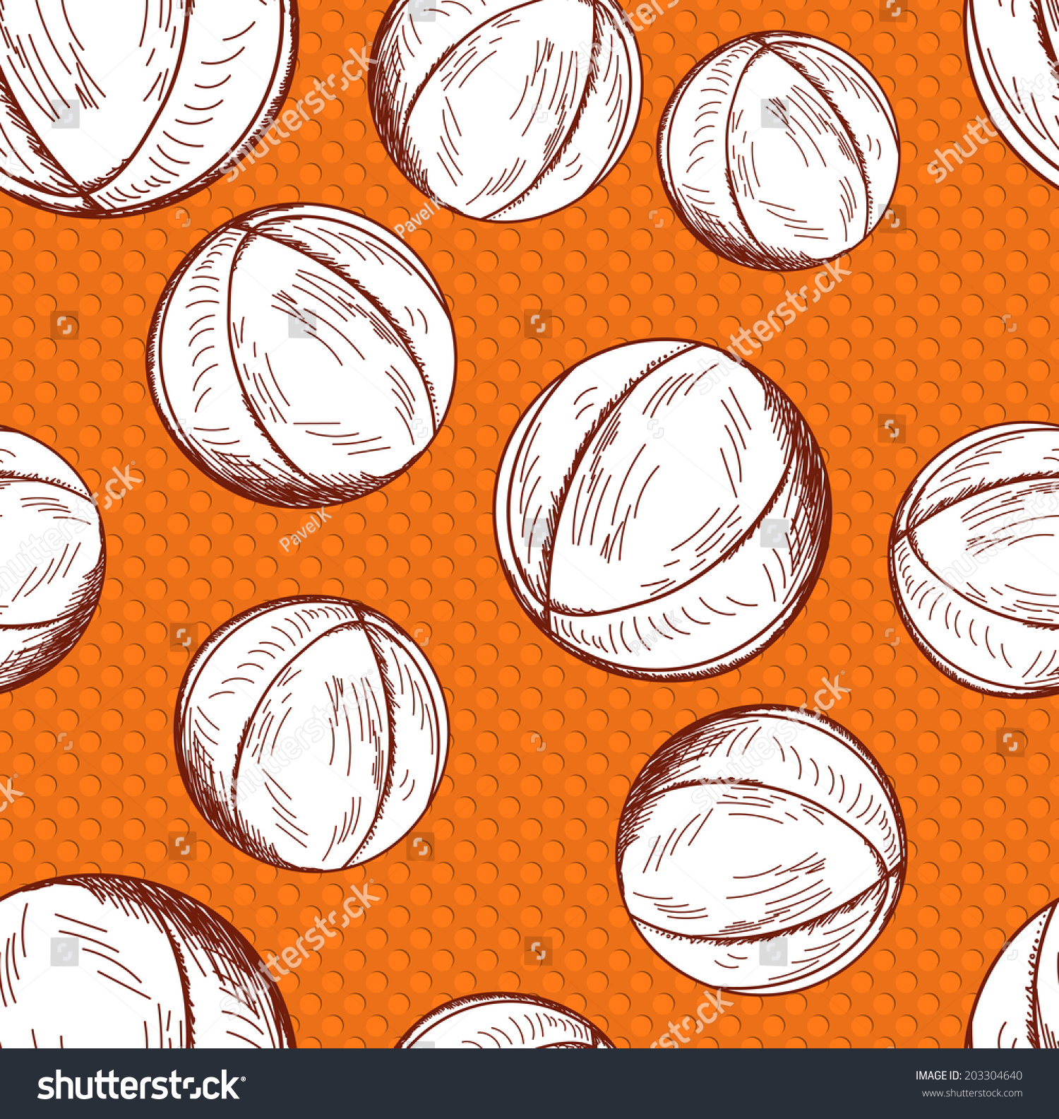Basketball seamless pattern in sketch style with ball texture on background. Vector illustration. 