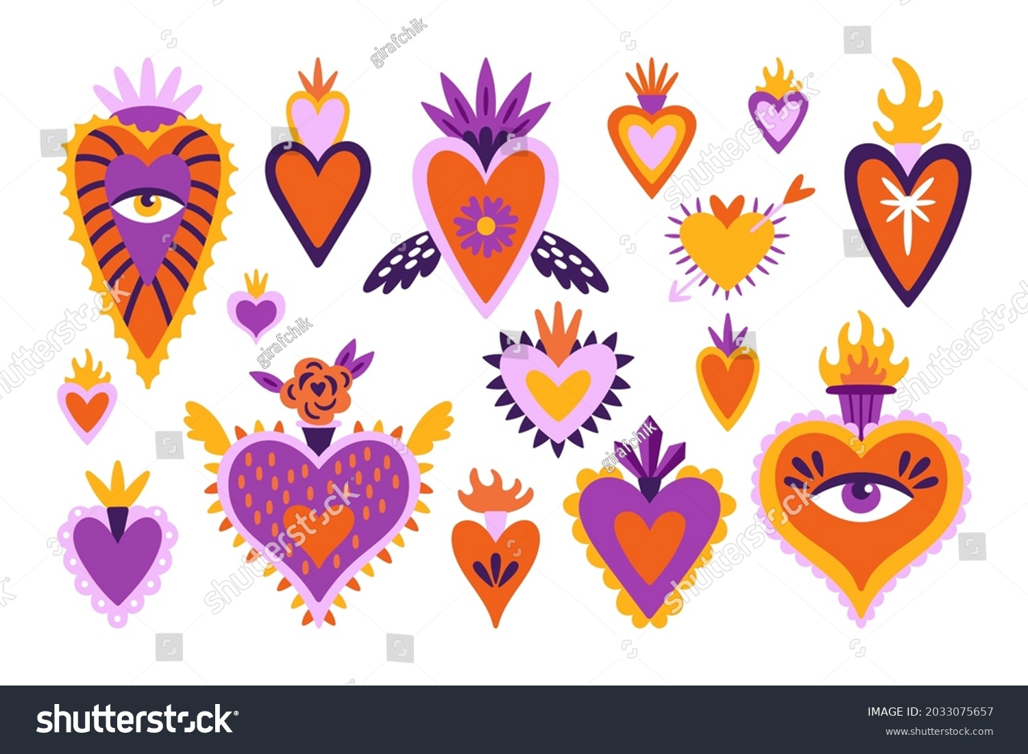 Cute set of mexican sacred hearts for Day of the dead Dia de los Muertos holiday. Childish print for cards  stickers  patches and apparel