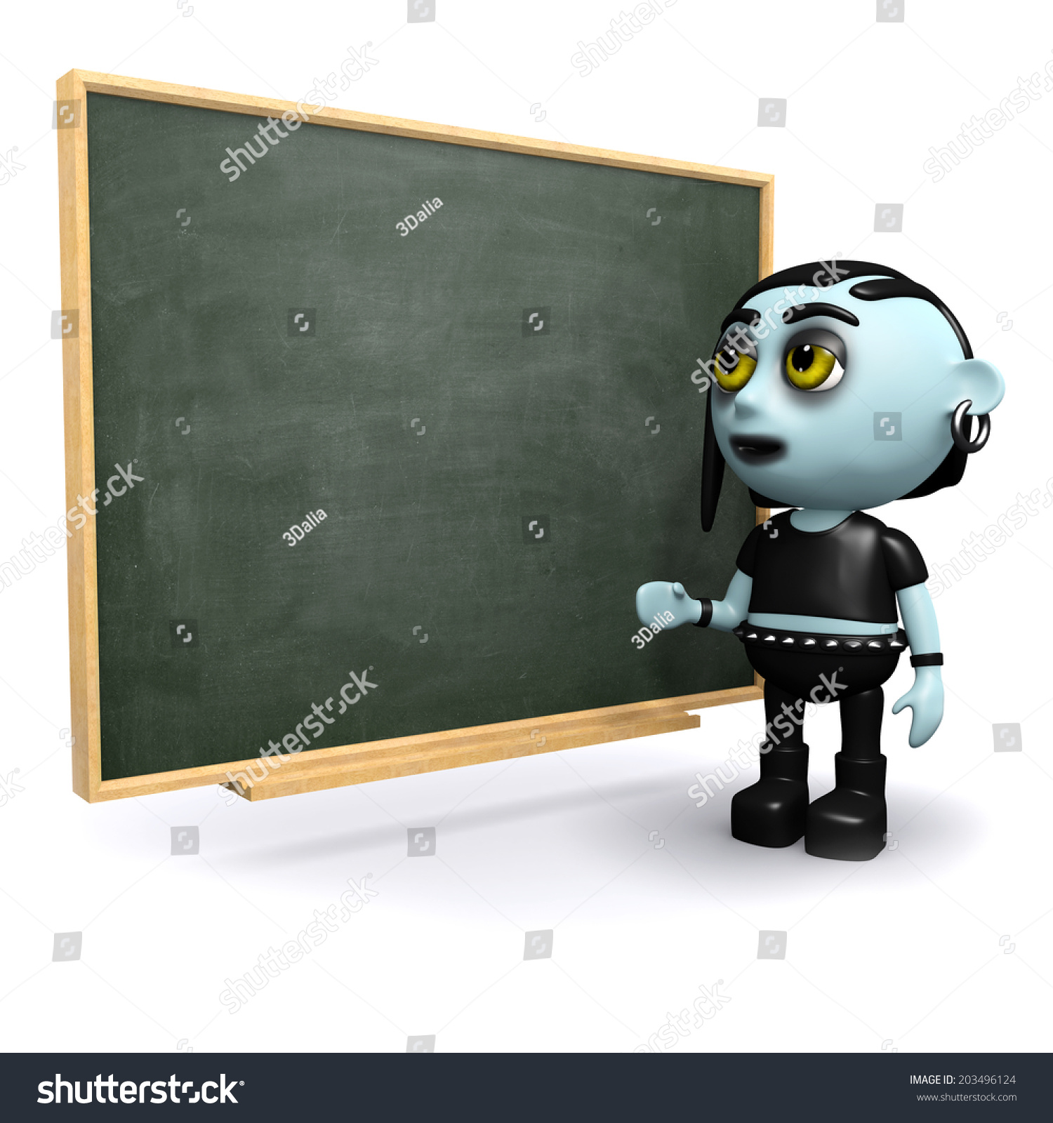 3d render of a punk goth at a blackboard