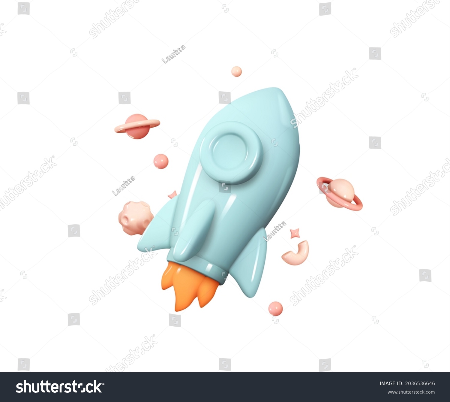 Flying space rocket in space around the planets. Spaceship launch. Rocket 3d icon. Realistic creative conceptual symbols. Logo ship. Launch business product on market. Vector illustration