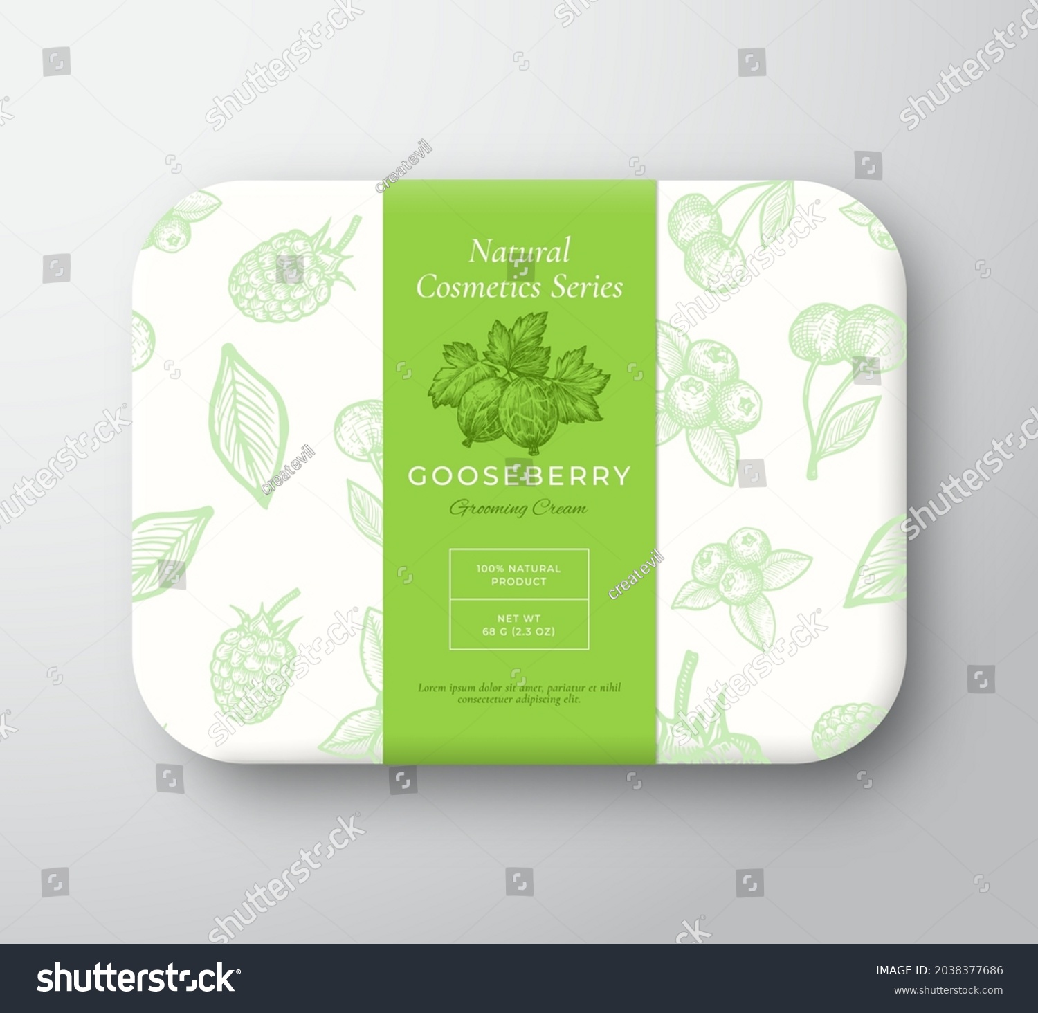 Gooseberry Bath Cosmetics Package Box. Abstract Vector Wrapped Paper Container with Label Cover. Packaging Design. Modern Typography and Hand Drawn Berries Background Pattern Layout. Isolated.
