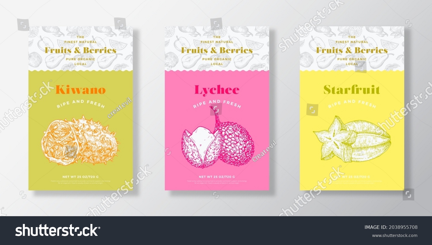 Fruits and Berries Pattern Label Templates Set. Vector Packaging Design Layout Collection. Modern Typography Banner with Hand Drawn Kiwano  Lychee and Starfruit Sketches Background. Isolated.