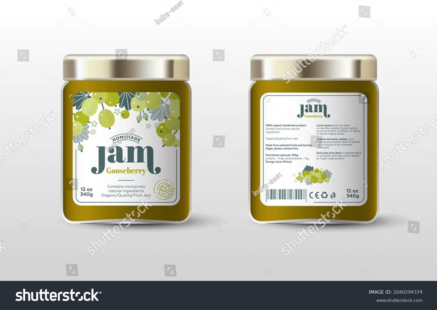 Gooseberry mix  wild berries jam. Label for jar and packaging. Berries  leaves and flowers  text  stamp(sugar free).