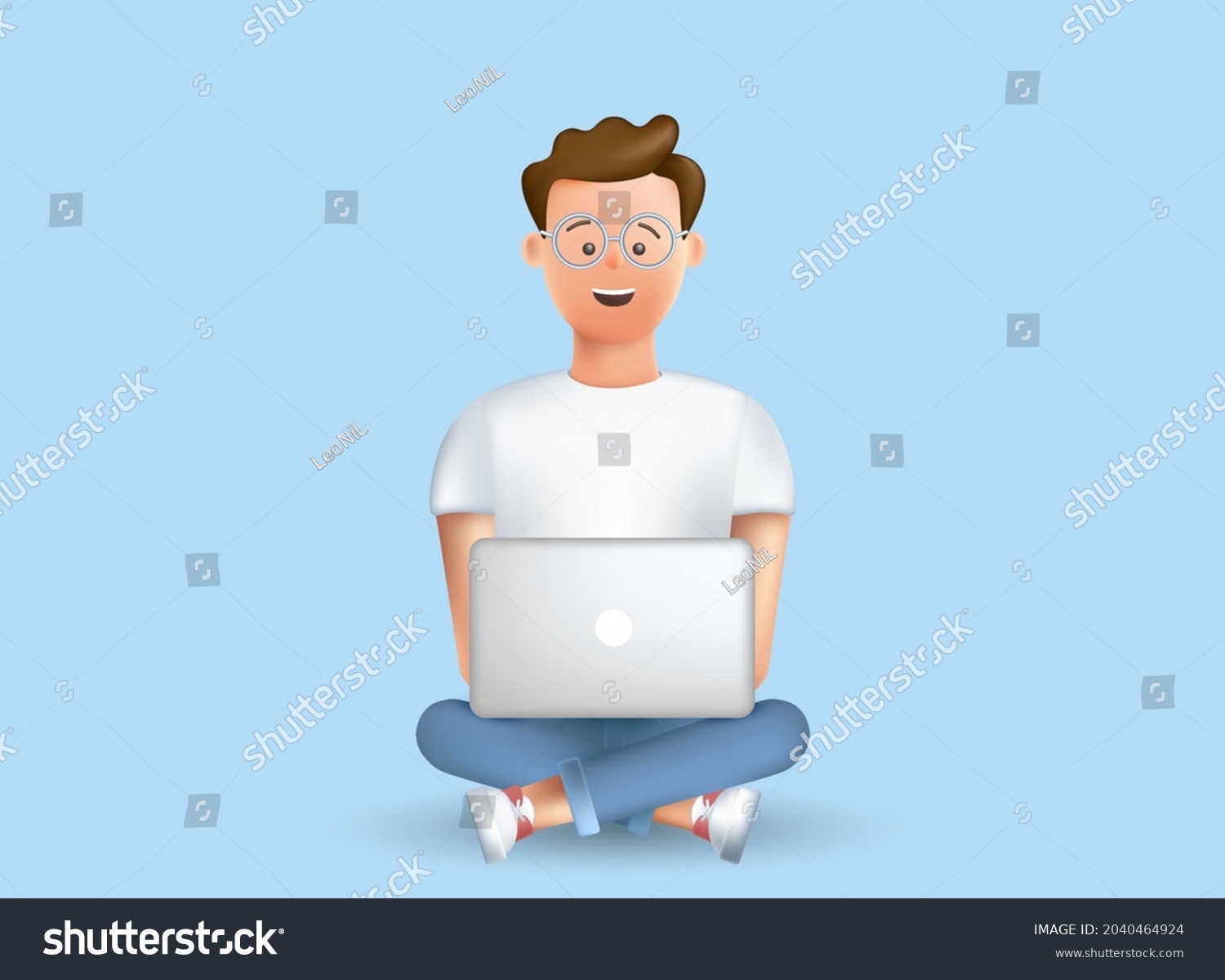 Happy young man sitting on the floor. Laptop on his knees. Work  study at home. Freelancer. The course of study. Video conference. The concept of remote work  access. Vector 3D business illustration.