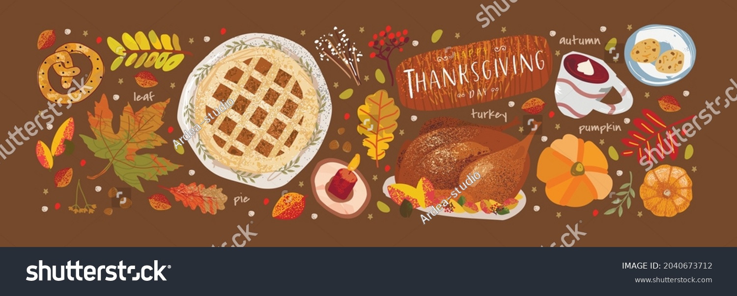 Thanksgiving Day. Vector illustrations of a festive table with a pie  pumpkin  turkey and objects for a card  background  invitation or poster.