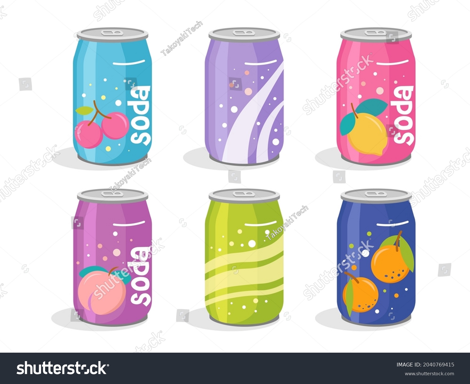 Cute Soda Cans Collection. Hand drawn adorable set of soft drinks in aluminum cans set. Modern colors soft drinks cans fancy illustrations. Trendy design of cans with lemon  cherry and bubbles. Vector