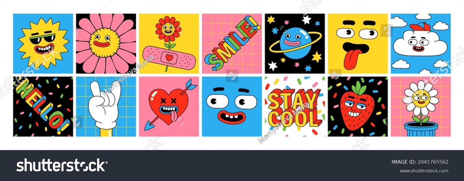Funny cartoon characters. Sticker pack  square posters  prints. Vector illustration of flower  sun  heart  berries  planet  clouds and words. Set of comic elements in trendy retro cartoon style.