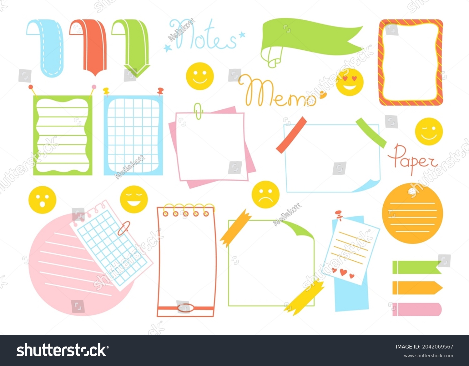 Notebook paper sticky note kawaii set. Blank stickers and notes with ...