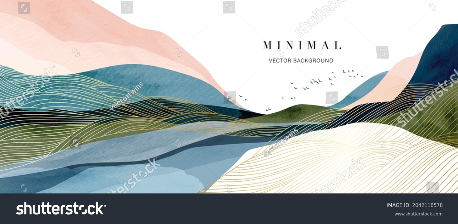 Mountain background vector. Minimal landscape art with watercolor brush and golden line art texture. Abstract art wallpaper for prints  Art Decoration  wall arts and canvas prints. 