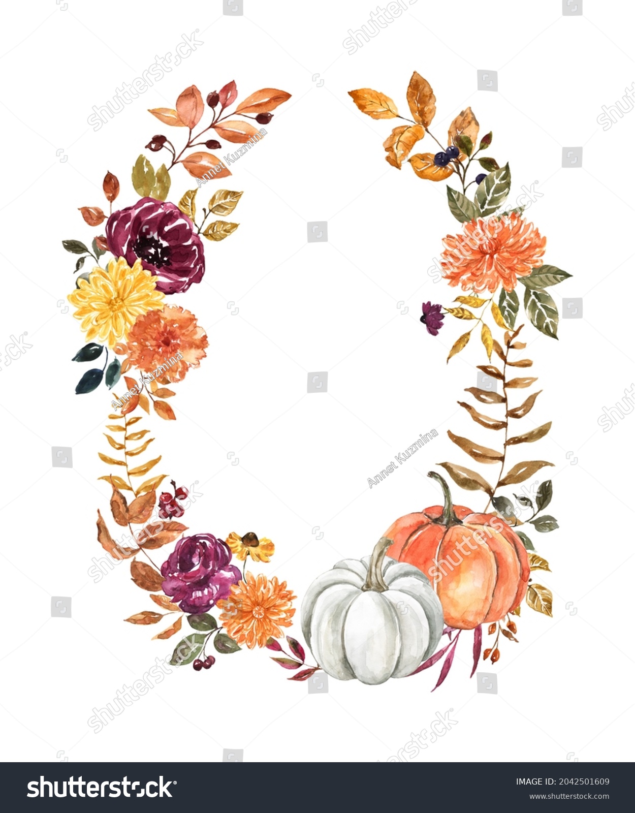 Beautiful autumn wreath with watercolor pumpkins flowers fall leaves ...