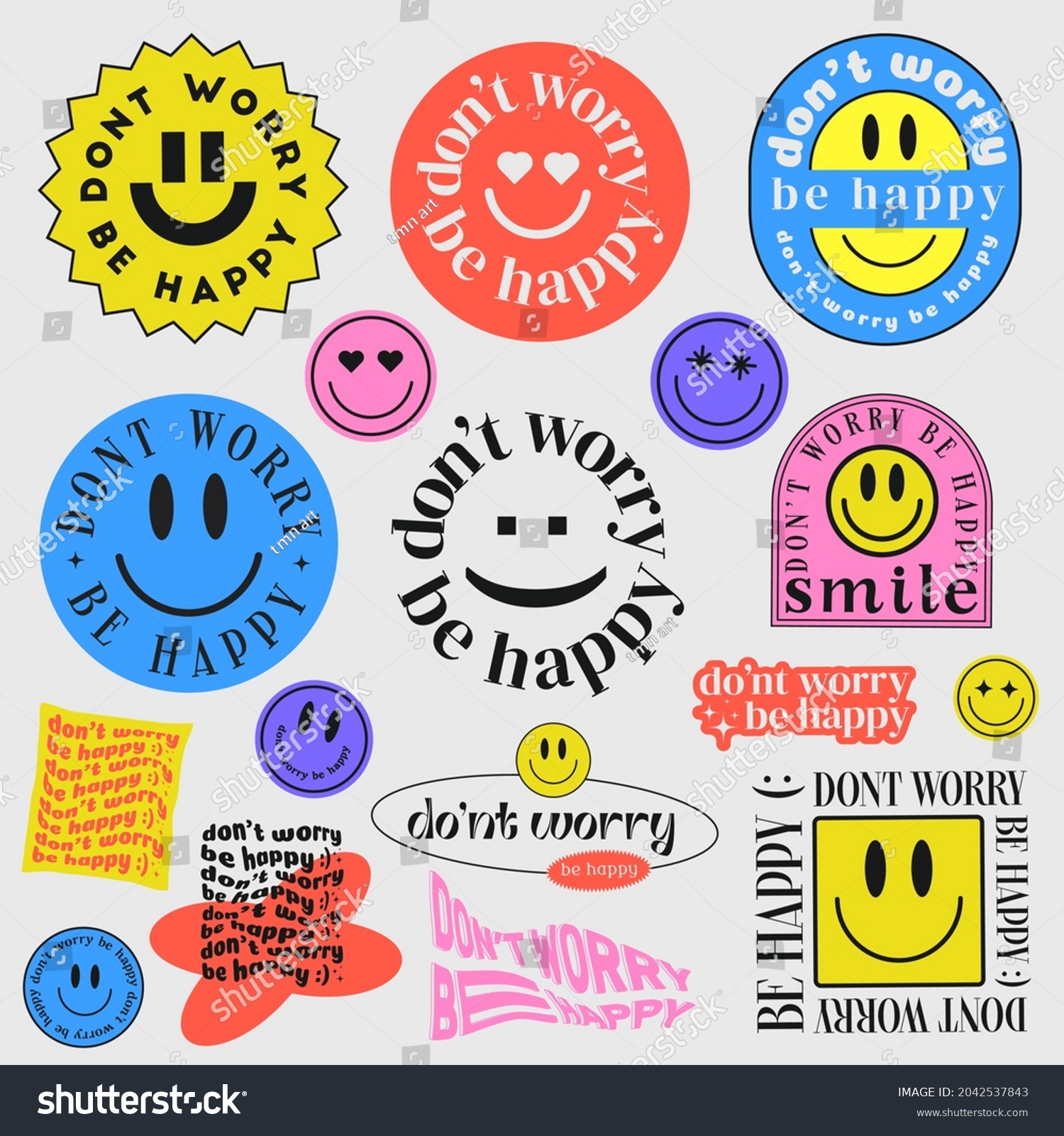 Set of Hipster Cool Trendy Retro Stickers Vector Design. Dont worry be happy badges.