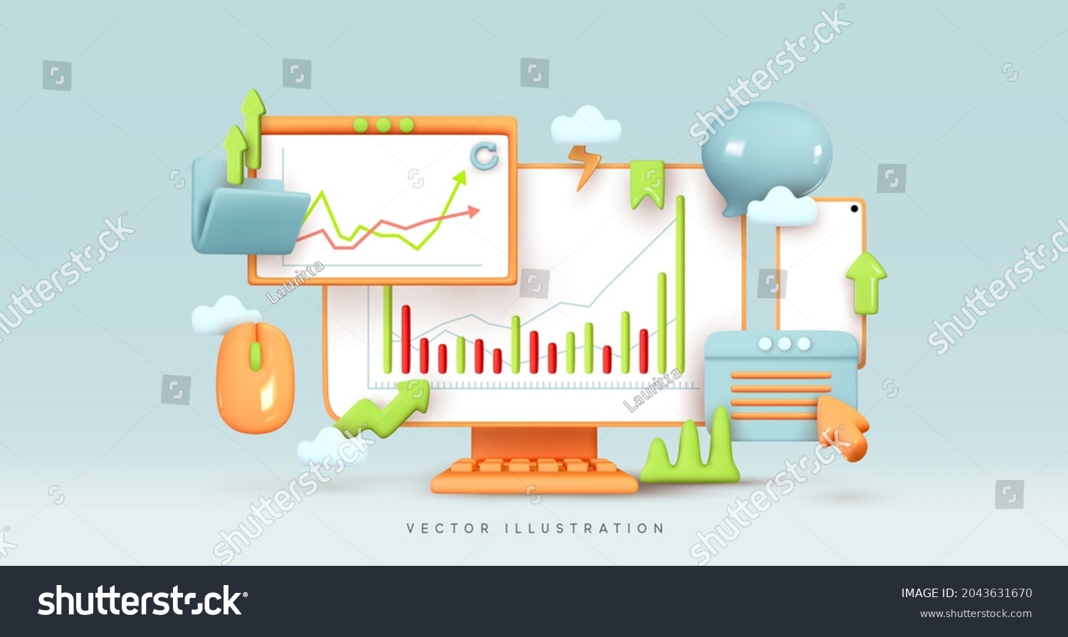 Business data analysis. Stock investment exchange. Financial statistics. Finance Infographic report market analysis. Desktop monitor computer. Creative concept idea  realistic 3d. Vector illustration