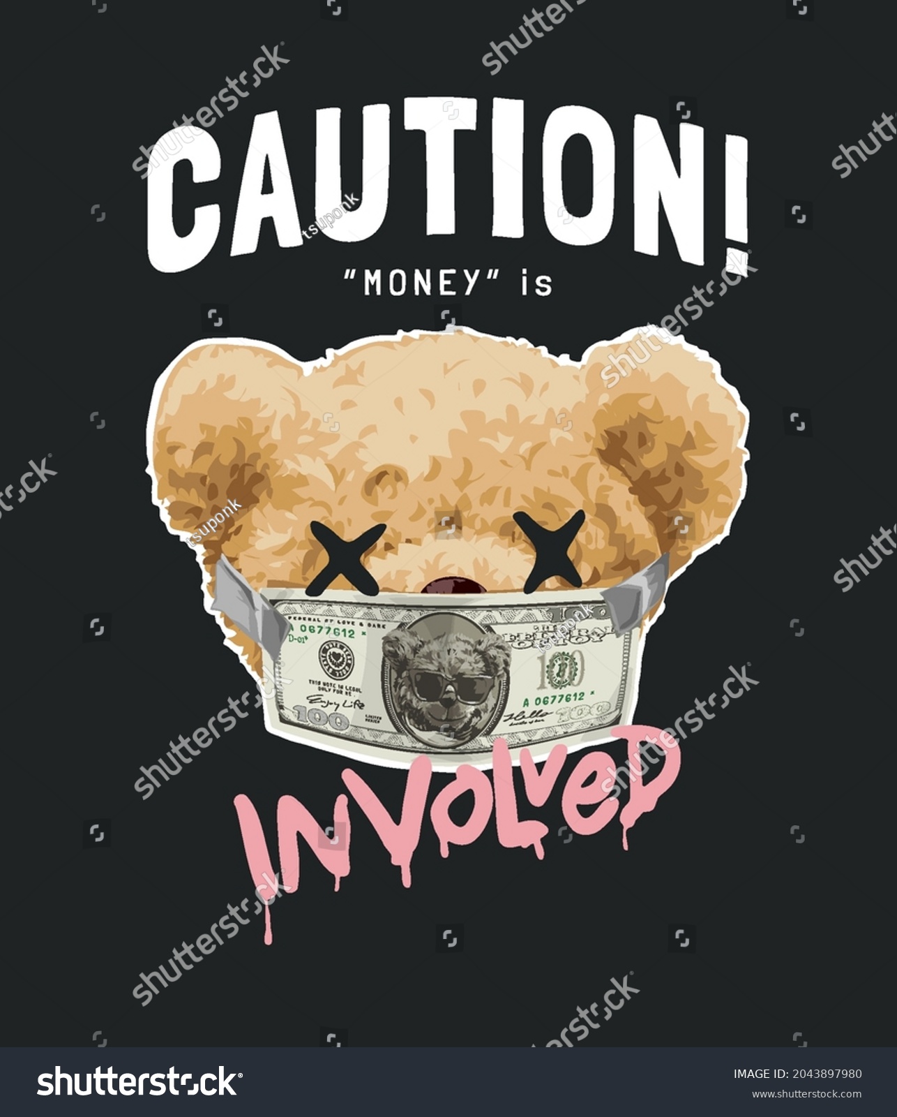 caution slogan with bear doll and money on mouth vector illustration on black background