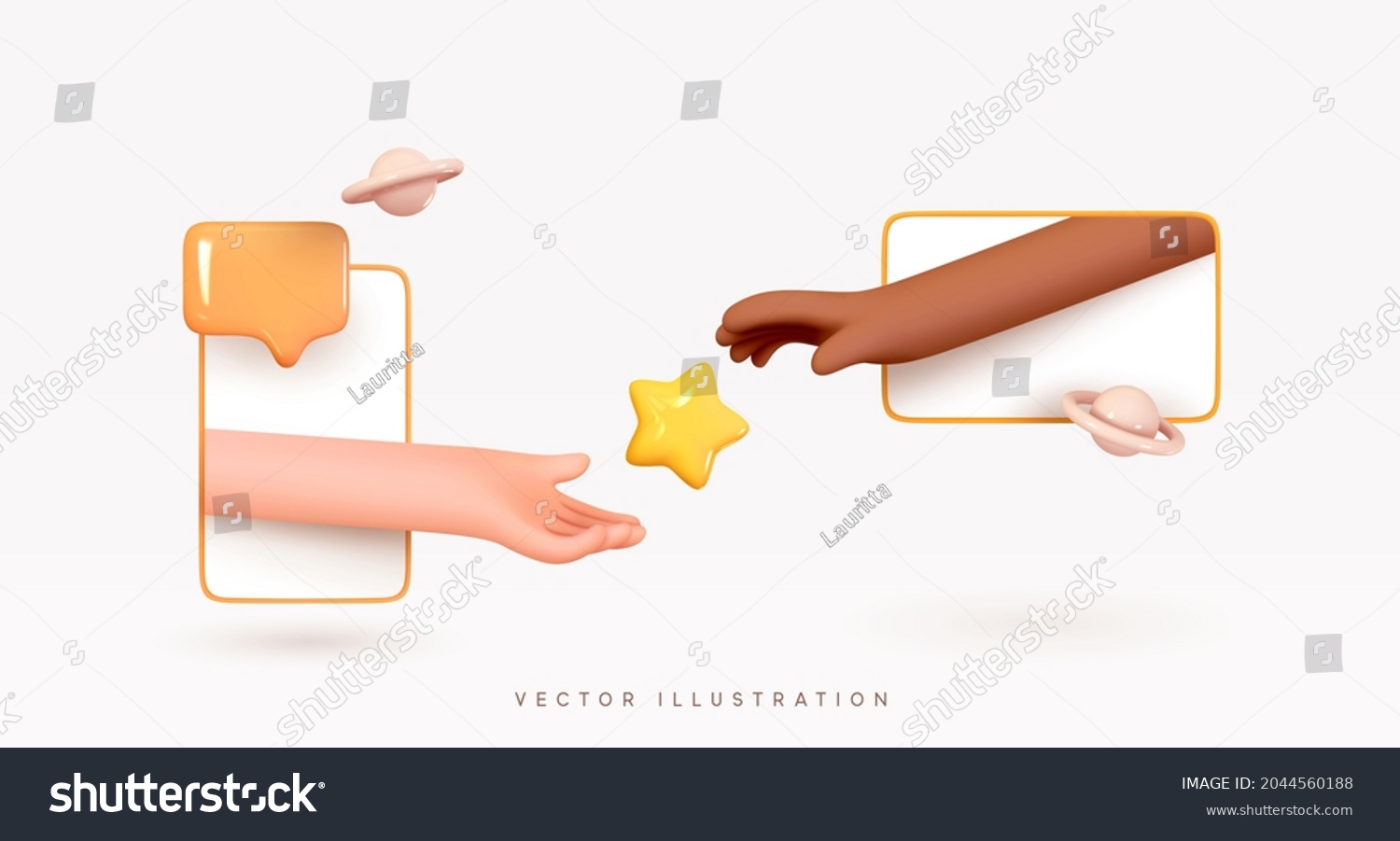 Communication through electronic gadgets. Realistic 3d design Mobile phone  modern tablet. Creative concept idea social networks  hands outstretched connect. Vector illustration