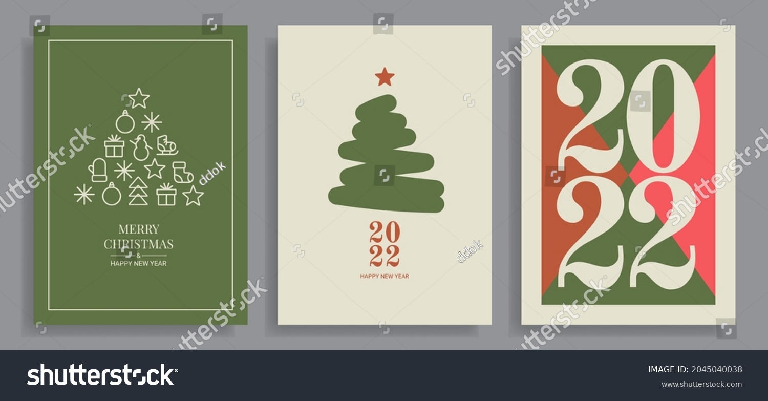 Set of winter holidays greeting cards with decorative Christmas trees and figures. Merry Christmas and Happy New Year. Elegant template for postcards  invitations  posters  banners.