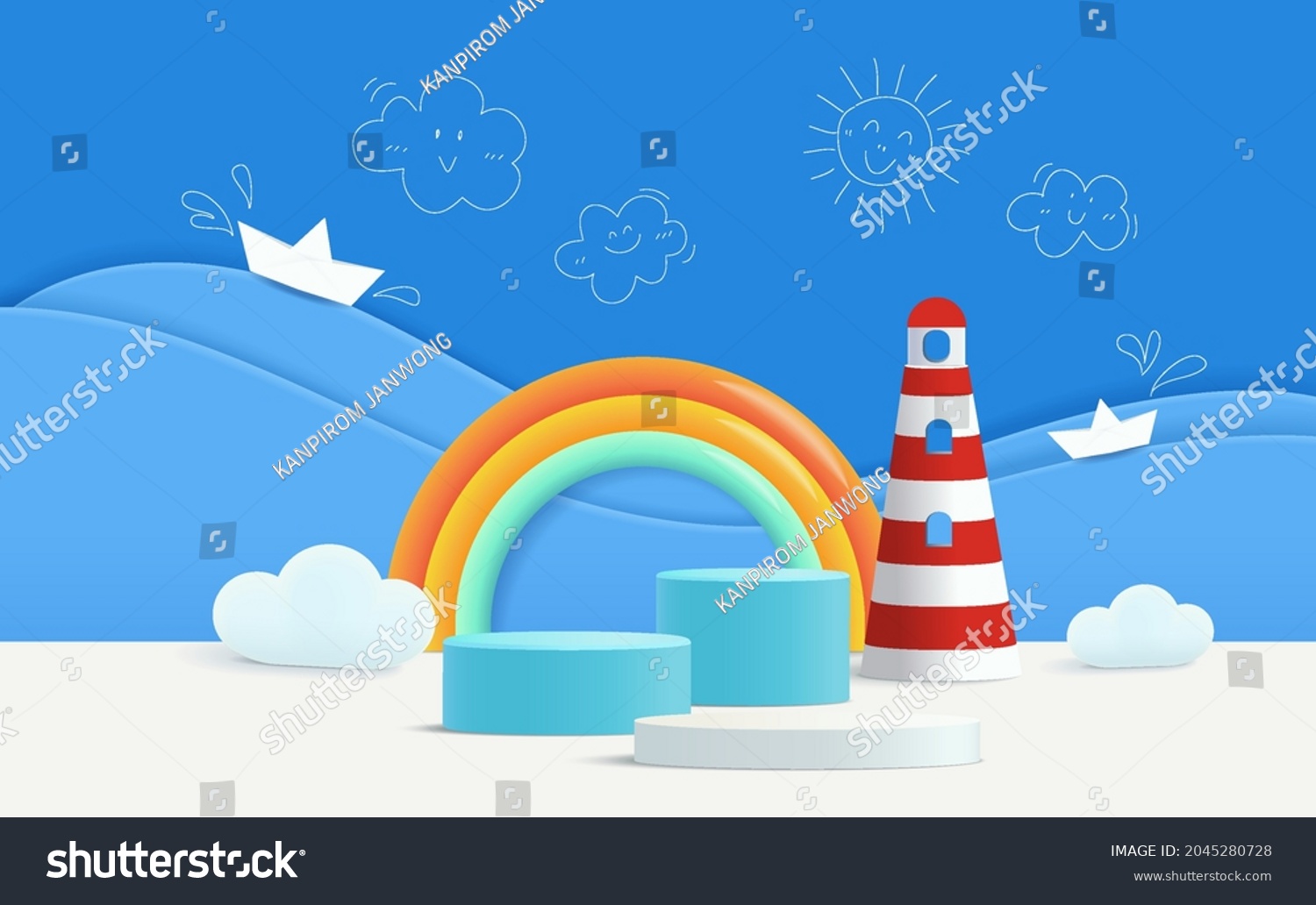 3d render podium with sea concept for kids or baby product.