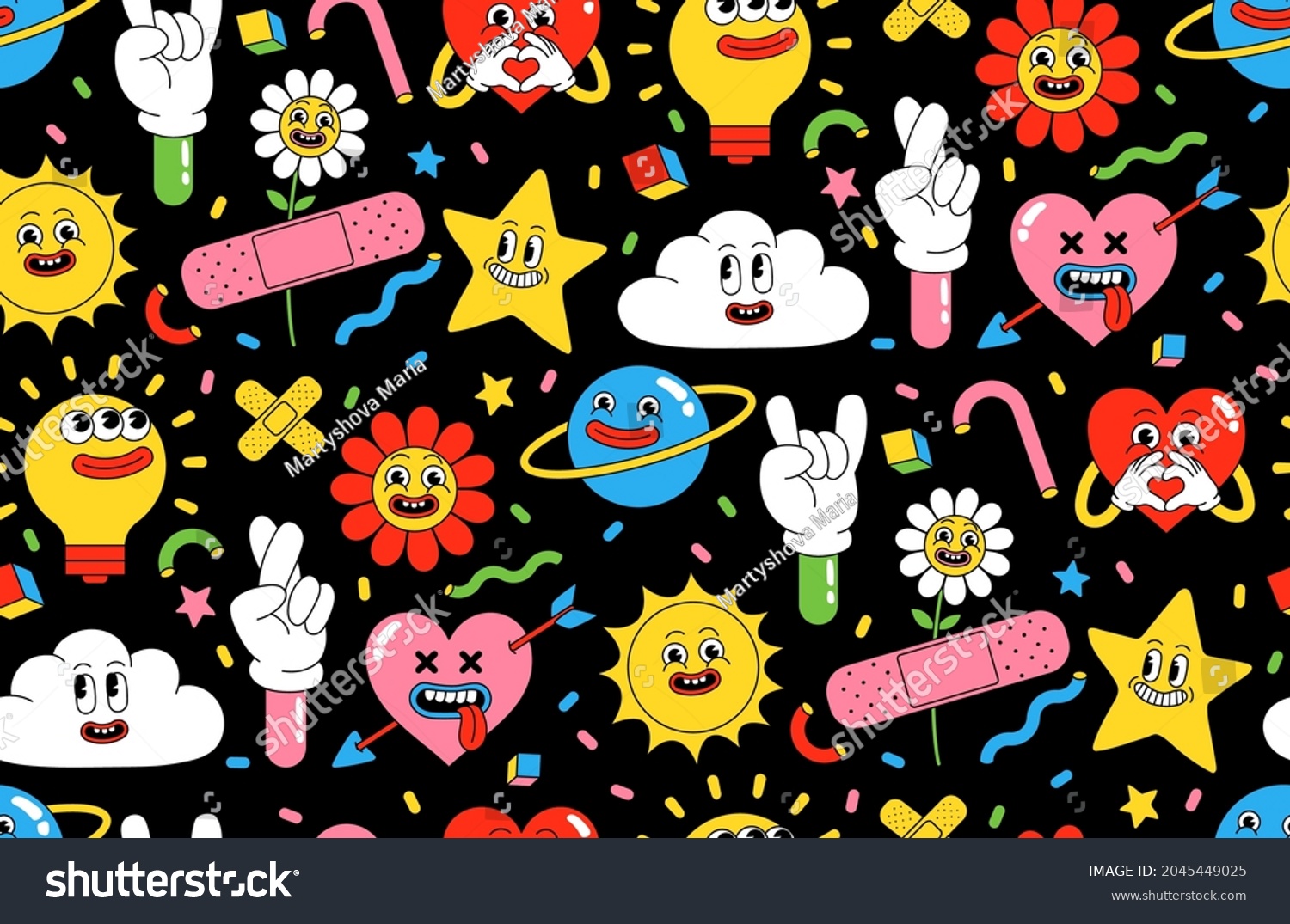 Cartoon characters background. Funny stickers and patches. Seamless vector pattern with comic heart  sun  planet  berry  abstract faces and elements in trendy retro cartoon style.