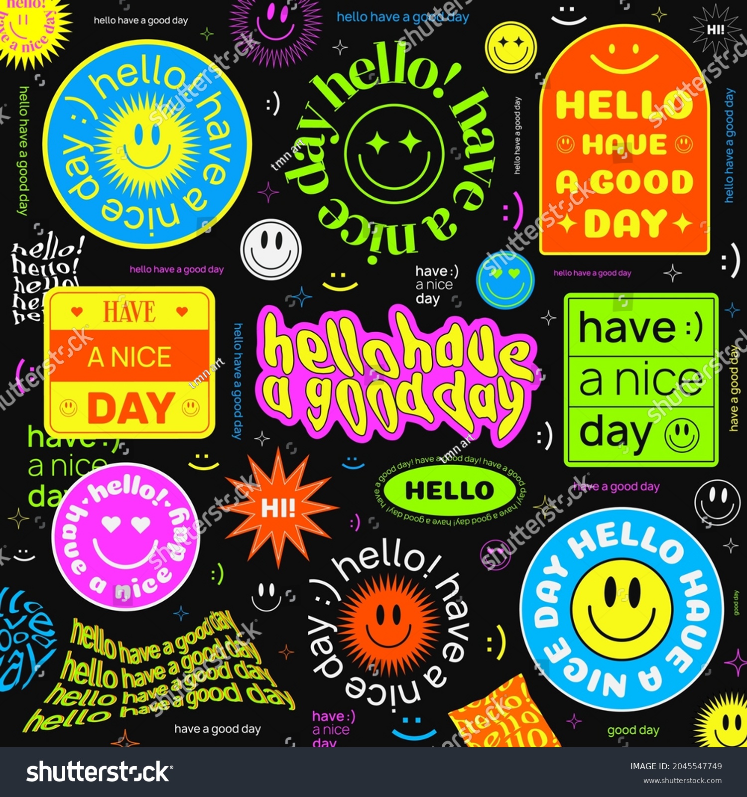 Hello have a good day vector illustration. Set of modern trendy acid stickers. Smile emoji sign. Hipster abstract background