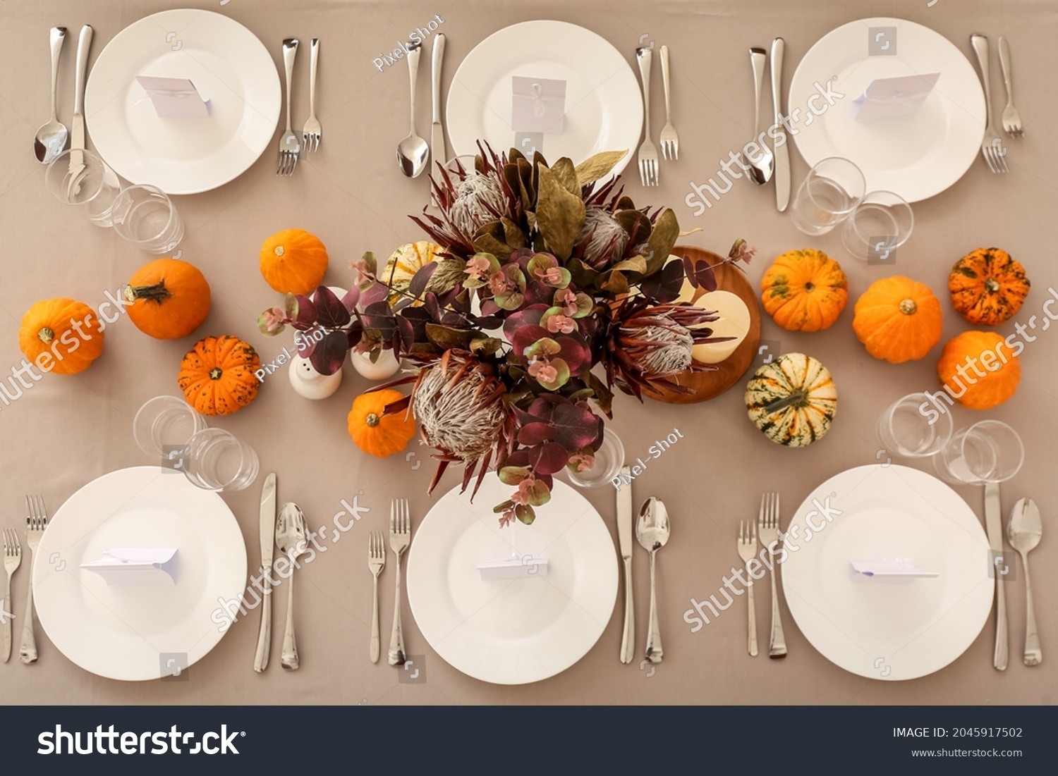 Beautiful autumn table setting with pumpkins and protea flowers at ...