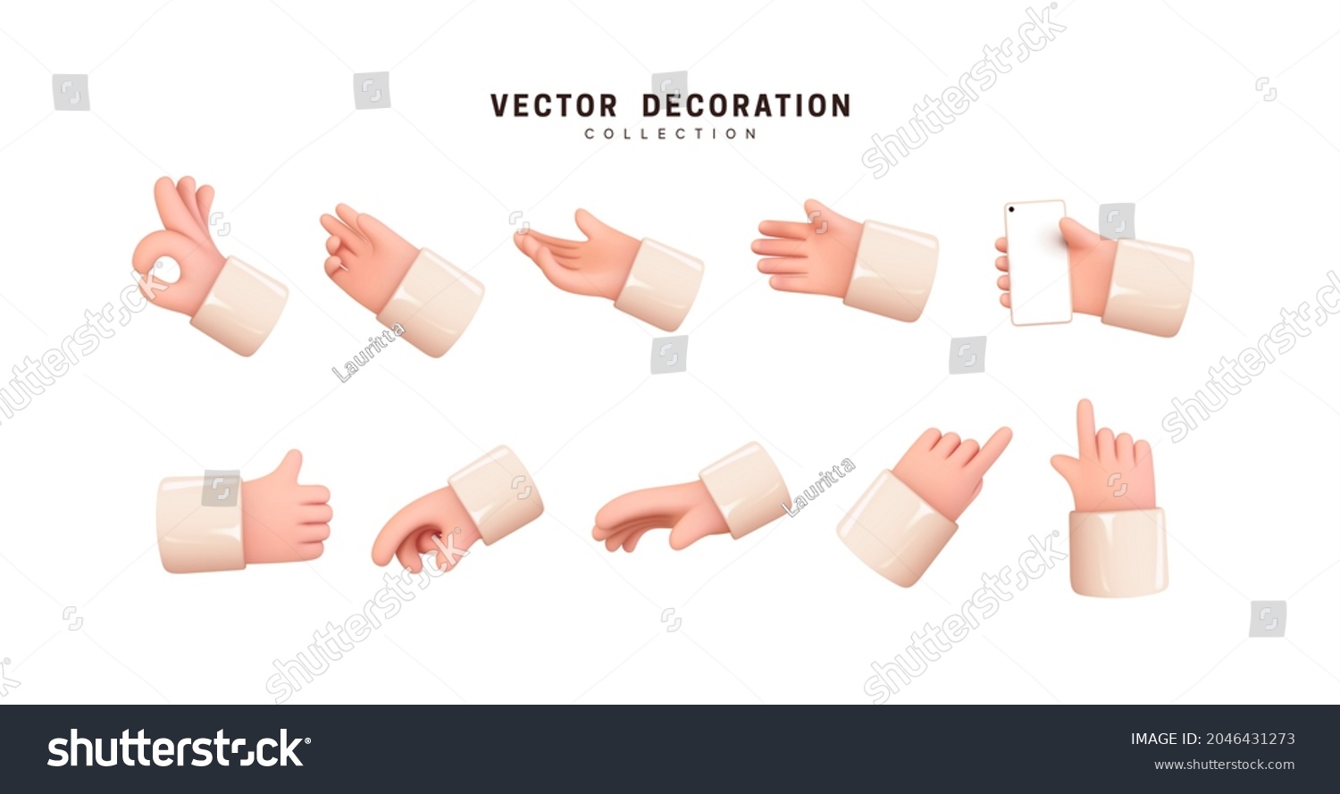 Hands set of realistic 3d design in cartoon style. Hand shows different gestures signs. Collection isolated on white background. Vector illustration