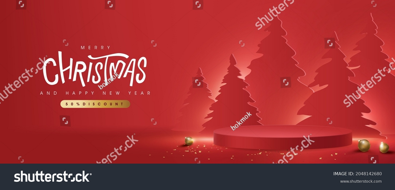 带有产品展示圆柱形的圣诞快乐横幅和圣诞树剪切样式