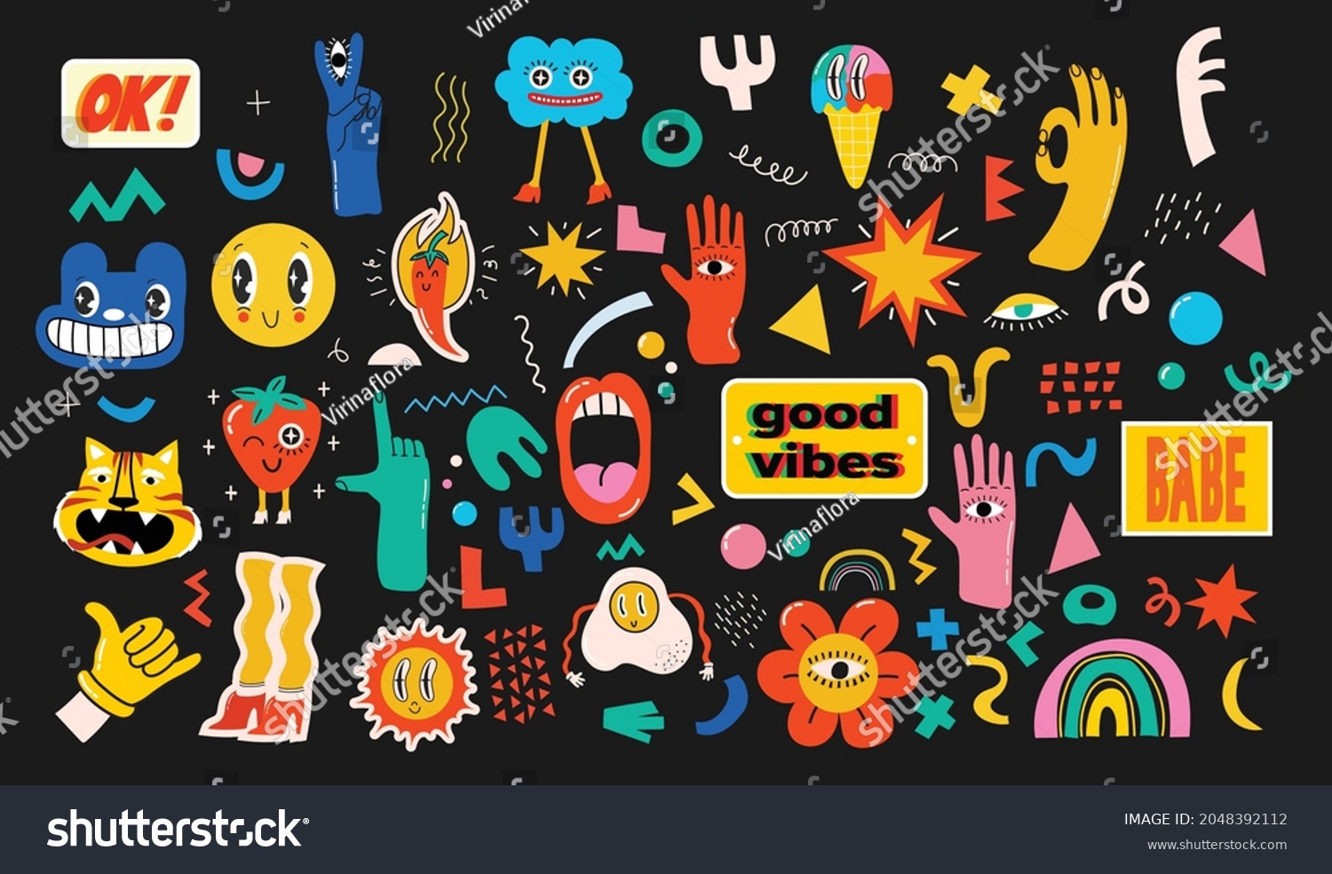 Hand drawn Vector illustrations of Set of Various patches  pins  stamps or stickers with abstract funny cute comic characters.