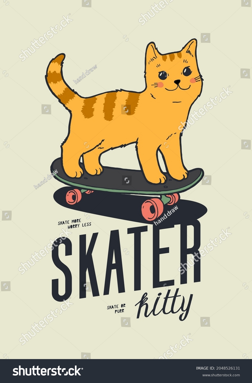 Cute cat standing on skateboard. Skater kitty summer street sports t-shirt print vector illustration.