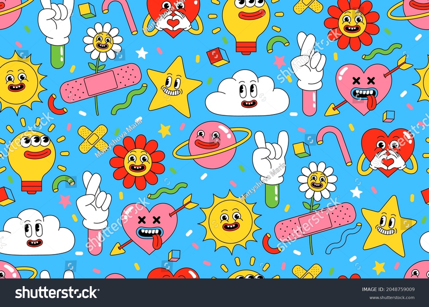 Cartoon characters background. Funny stickers and patches. Seamless vector pattern with comic heart  sun  planet  berry  abstract faces and elements in trendy retro cartoon style.