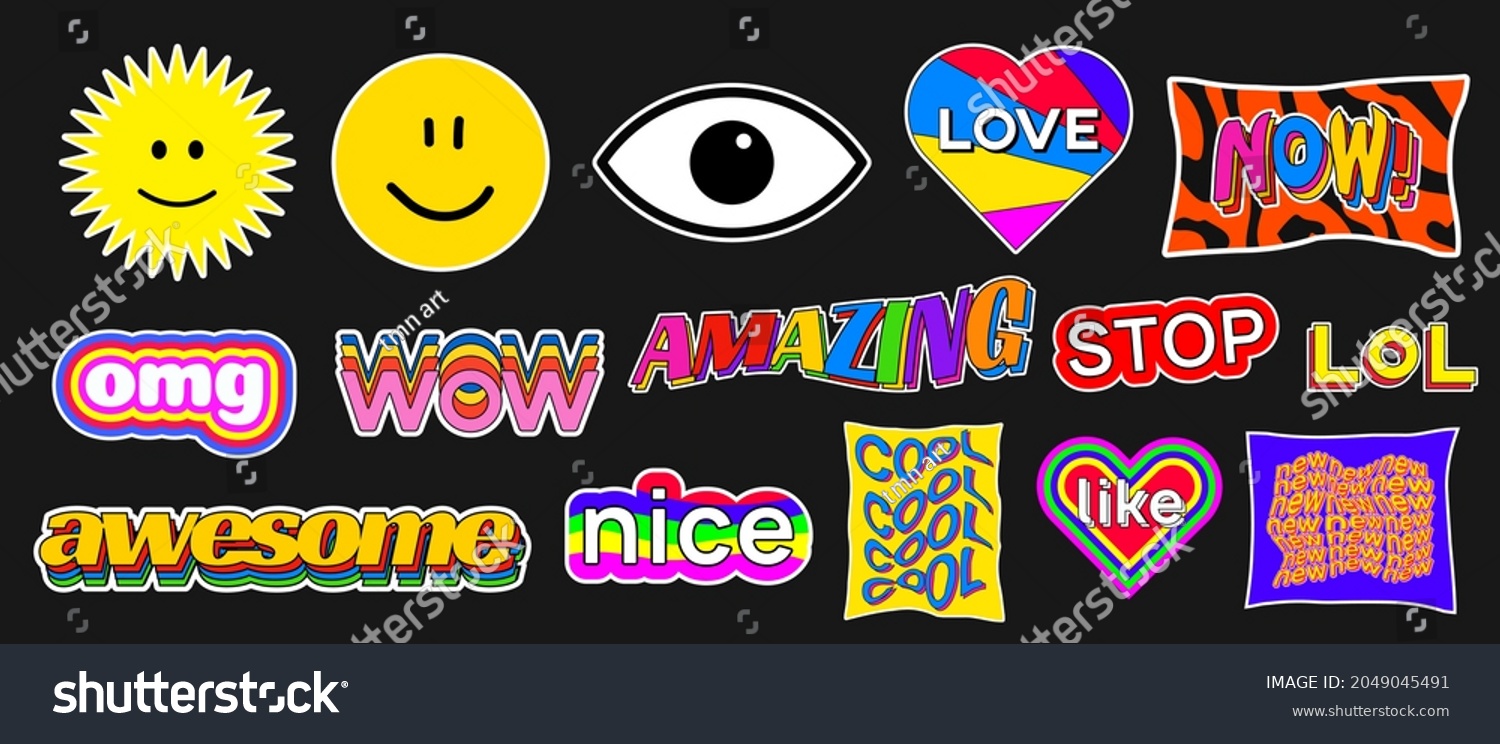 Set of trendy colorful stickers. Modern acid patches vector design. Cool badges.