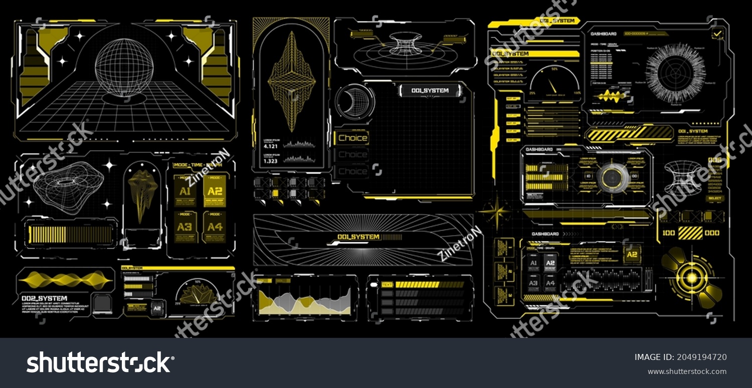 Abstract digital technology. Futuristic HUD  FUI  Virtual Interface. Cyberpunk retro futurism concept. Vaporwave abstract elements for web banners   Futuristic info boxes layout templates. Hologram