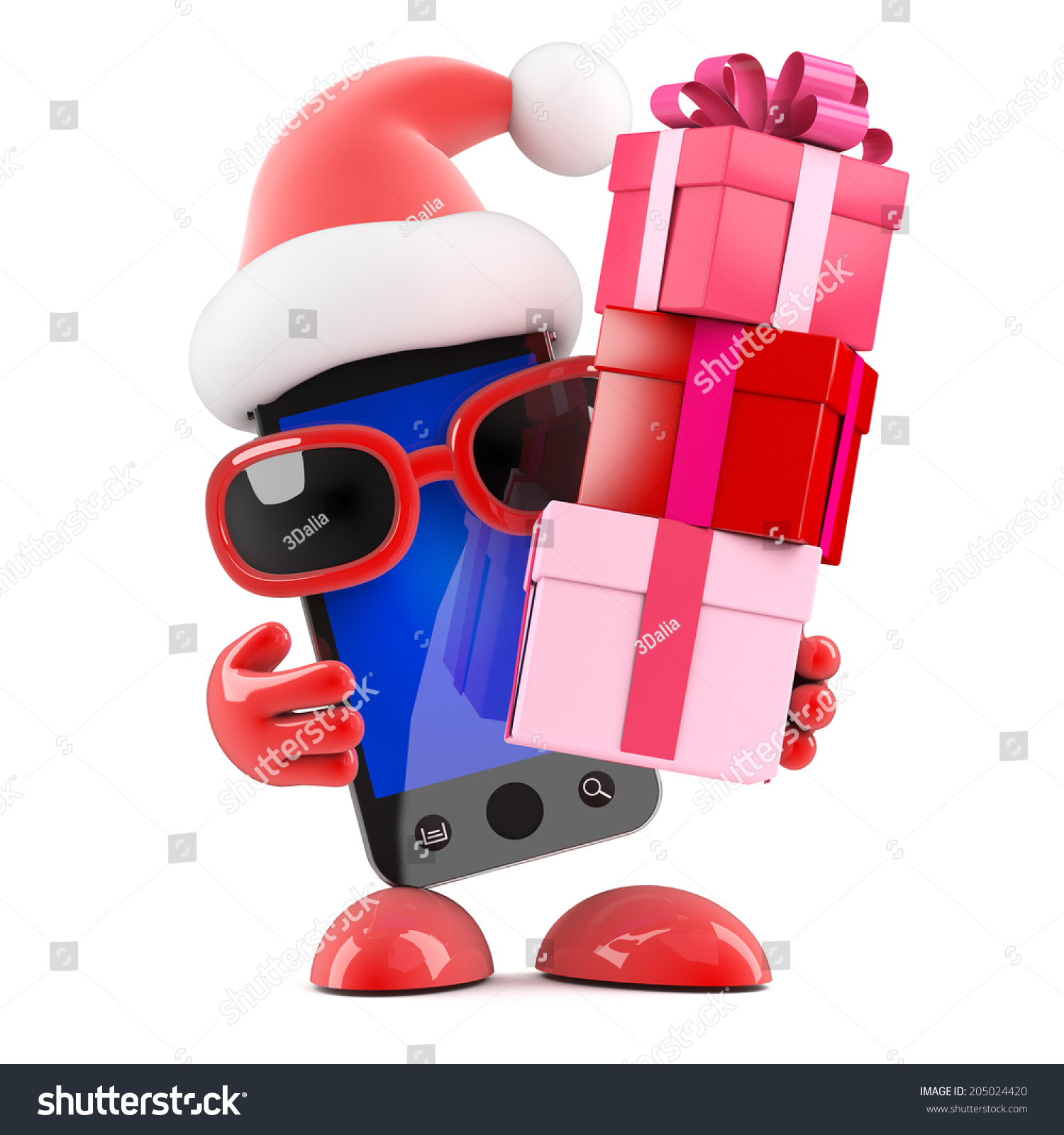 3d render of a smartphone wearing a Santa Claus hat holding lots of Xmas gifts