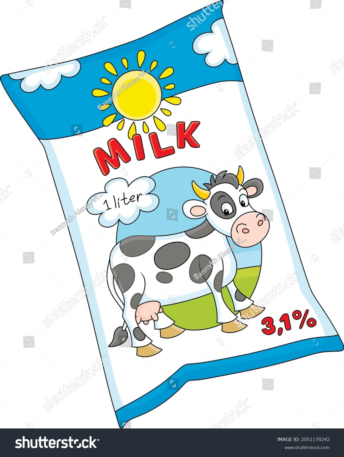 Funny design of a milk package with a cute spotted black and white cow and a bright yellow sun  vector cartoon illustration isolated on a white background