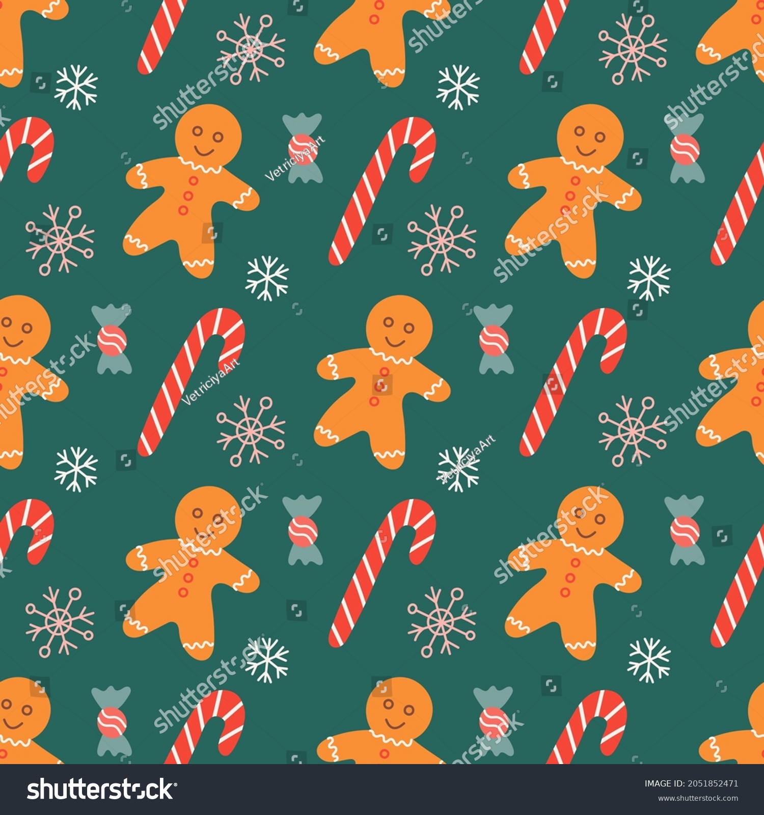 Gingerbread man with sweets and snowflakes on green background  vector Christmas seamless pattern