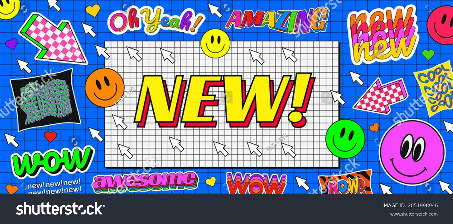 Trendy Abstract Cool Background with Stickers 90s Design. New Collection Arrival Cool Banner. Comic Illustration.